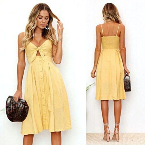 ECOWISH Summer Yellow Front Tie Button Midi-Dress - Picture 1 of 5
